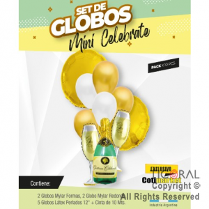 SET DE GLOBOS BOTELLA CHAMPAGNE MINI CELEBRATE 10 UNIDADES X 1